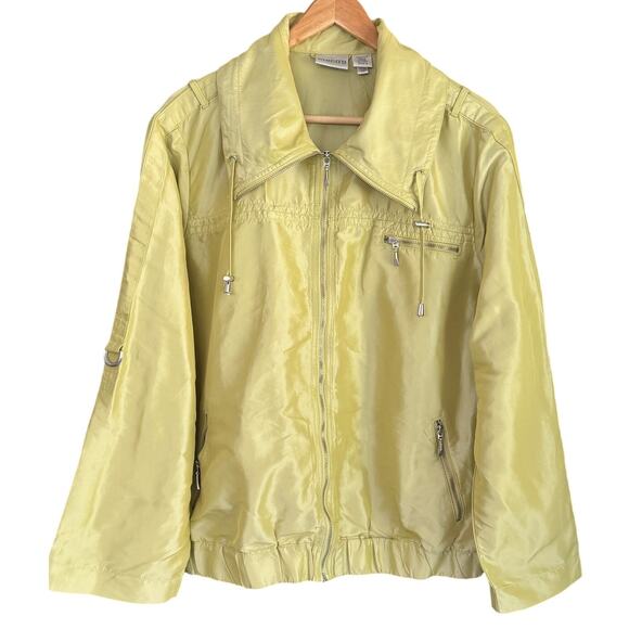 Chicos Sz XL Lime Green Lightweight Raincoat Roll Tab Sleeves Jacket EUC Spring - Picture 2 of 7